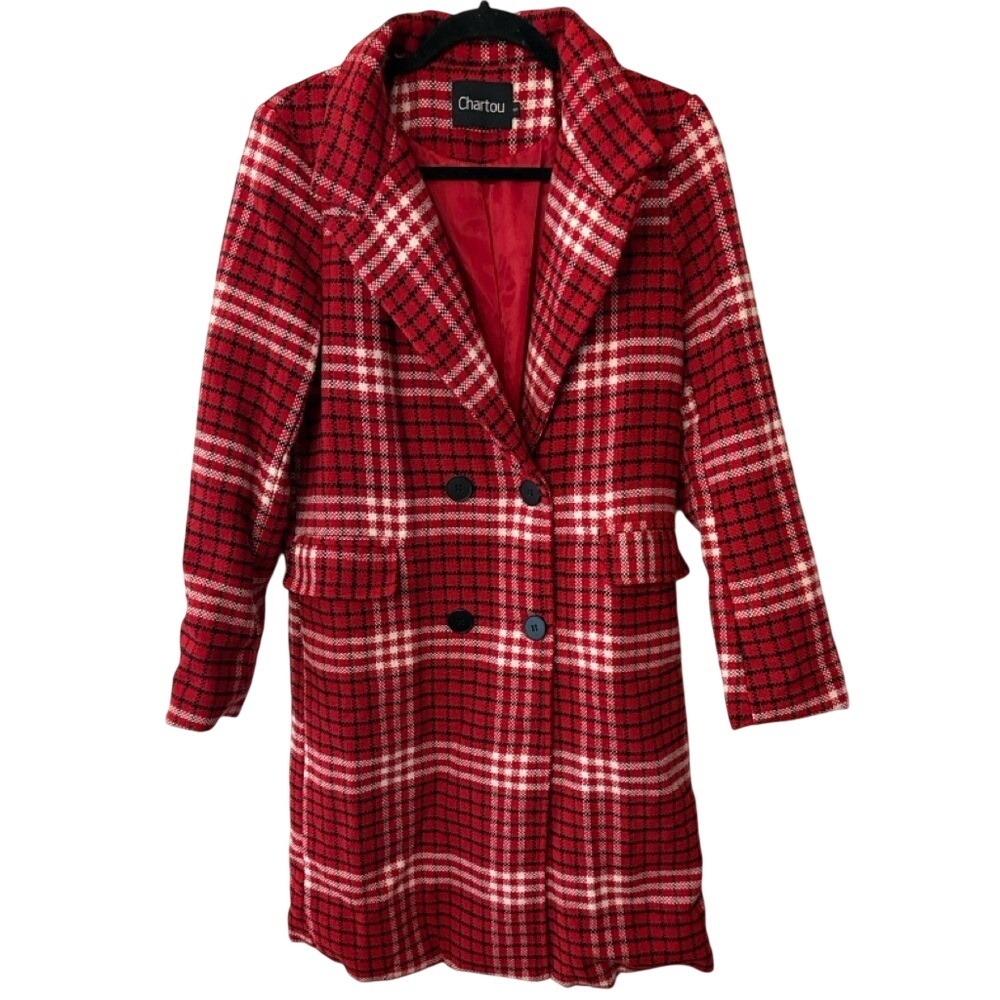 Chartou Womens Red Plaid Double Breasted Pea Coat Notched Lapel Mid Length S